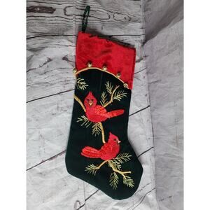 Christmas Stocking Cardinals Embroidered Velvet Green Red prima Creations